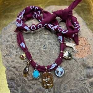 Gold Tone Burgundy Bandana Rustic Western Charm Necklace